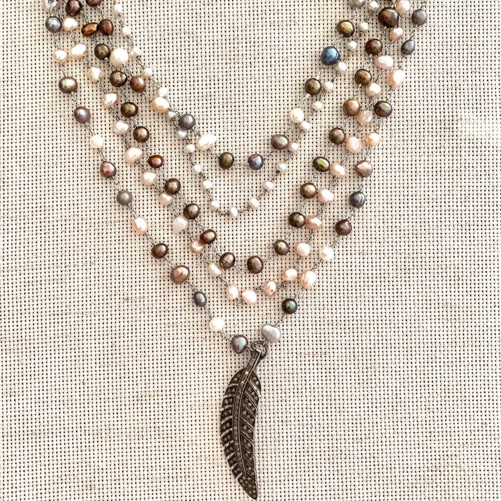 Multi Strand Pearl and Diamond Feather  Necklace